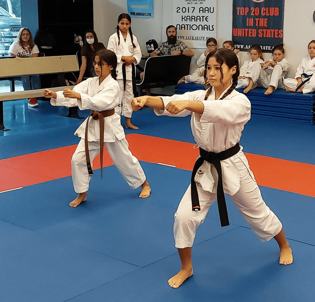 Two girls practicing karate punches