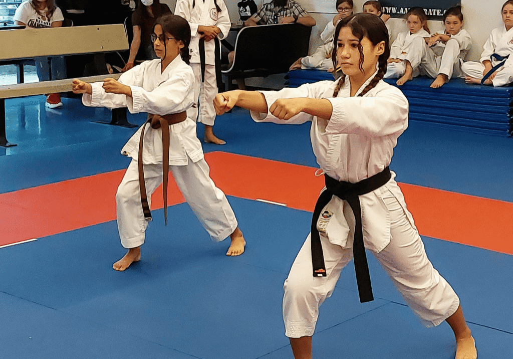 Two girls practicing karate punches